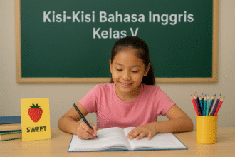 Seorang siswi SD belajar Bahasa Inggris di kelas dengan buku dan kartu kosakata bertuliskan "SWEET" di meja.