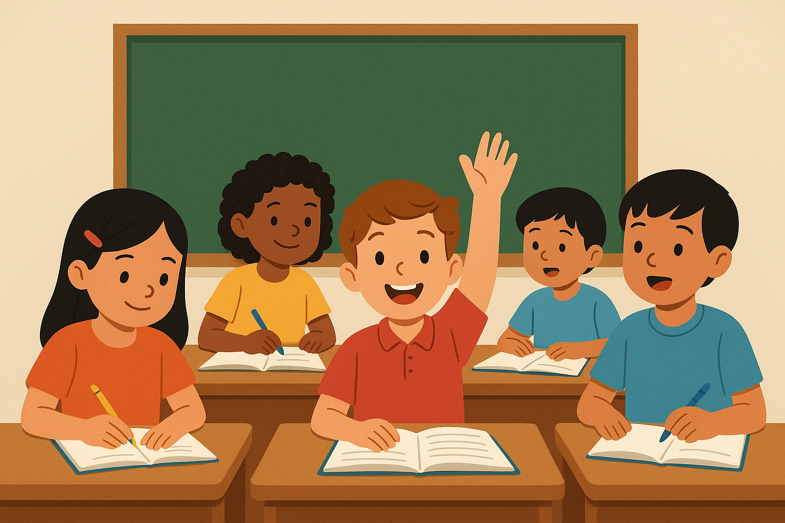 Anak-anak SD sedang belajar di kelas, menulis di buku, dan satu siswa mengangkat tangan untuk bertanya di depan papan tulis hijau.