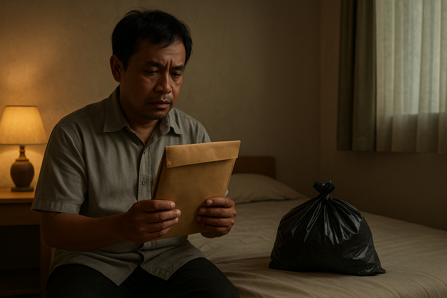 Seorang pria paruh baya asal Indonesia duduk di tepi tempat tidur sederhana pada pagi hari, menggenggam map cokelat dan menatap kantong kresek hitam di sampingnya yang berisi uang tabungan keluarga, diterangi cahaya lembut matahari pagi dari jendela.