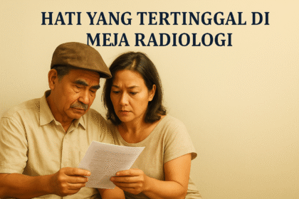 Liburan yang Tak Pernah Datang dan Hati yang Tertinggal di Meja Radiologi – Pak Dola dan Ibu Ruminah membaca hasil pemeriksaan radiologi dengan ekspresi sedih namun penuh harapan.