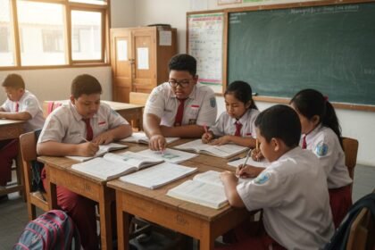 Anak-anak sedang belajar bersama dengan semangat dalam suasana kelas yang ceria.